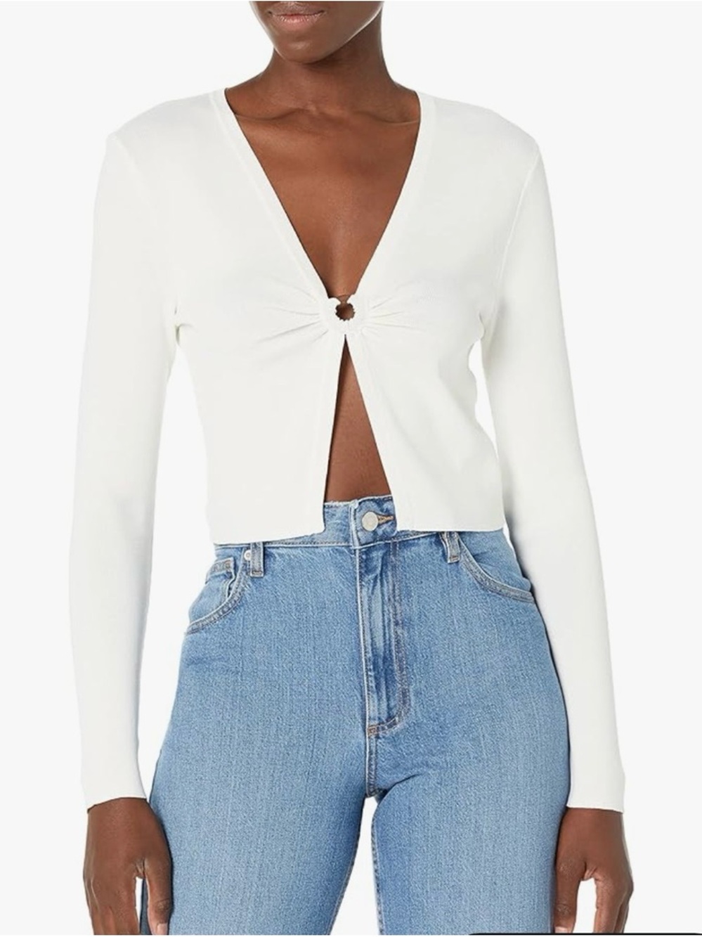 Long Sleeve Open Front Crop Top with Ring Detail